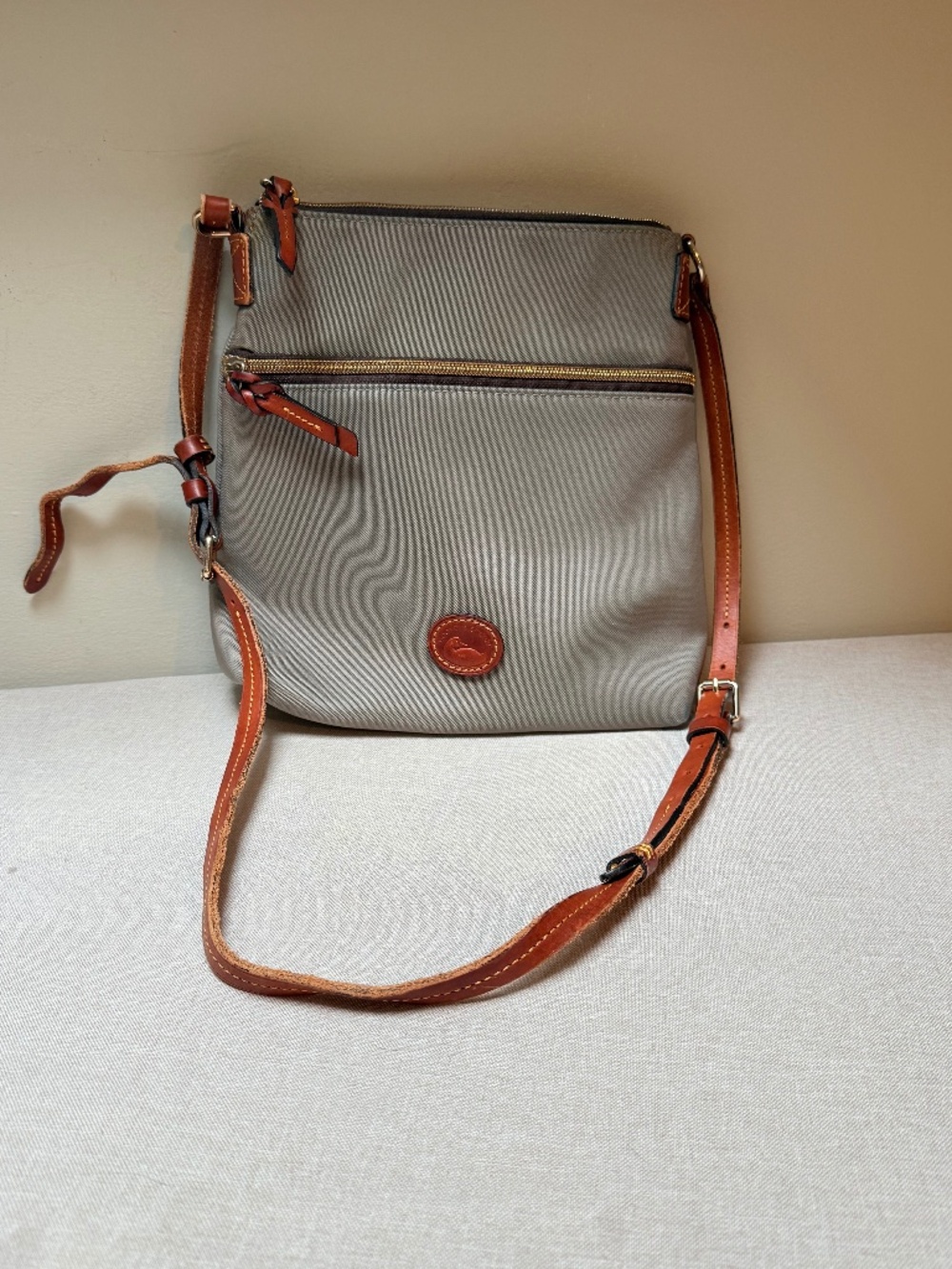 Dooney Bourke Gray Nylon Crossbody With Brown Leather Strap